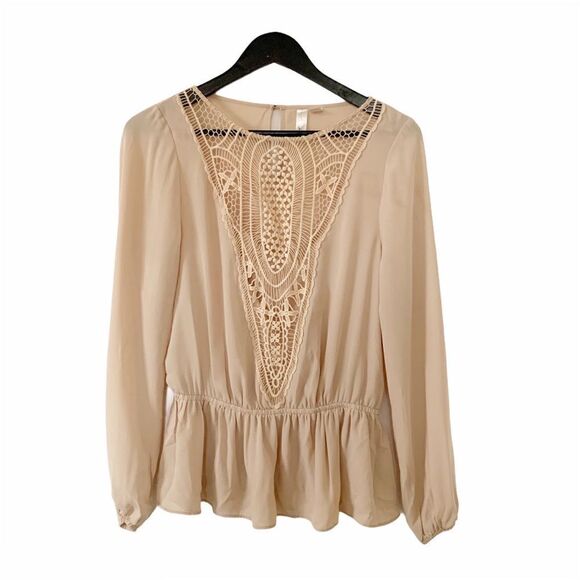 Forever 21 Nude Neutral Boho Crochet Peplum Blouse - Picture 1 of 9